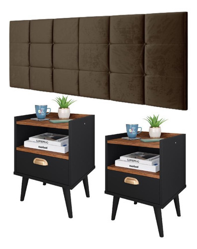 Kit Decoração Premium Quarto Casal 2 Mesinhas Cabeceira King Acabamento Fosco Cor Preto/Freijó | Marrom Suede