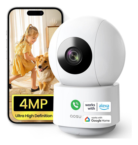 Cámara de seguridad interiores para seguridad hogar Cámara De Vigilancia Wi-Fi 4MP Detección de movimiento y notificaciones y Sonido Audio bidireccional compatible con Google y Alexa AOSU