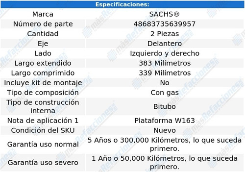 Kit 2 Amortiguadores Del Sachs® Ml320 4wd V6 3.2l 98 Al 03