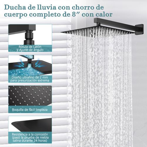 Sistema de Ducha Mumian 226BK Regadera Cuadrada Mate Tipo Lluvia Cabezal de Mano Alta Presión Color Negro