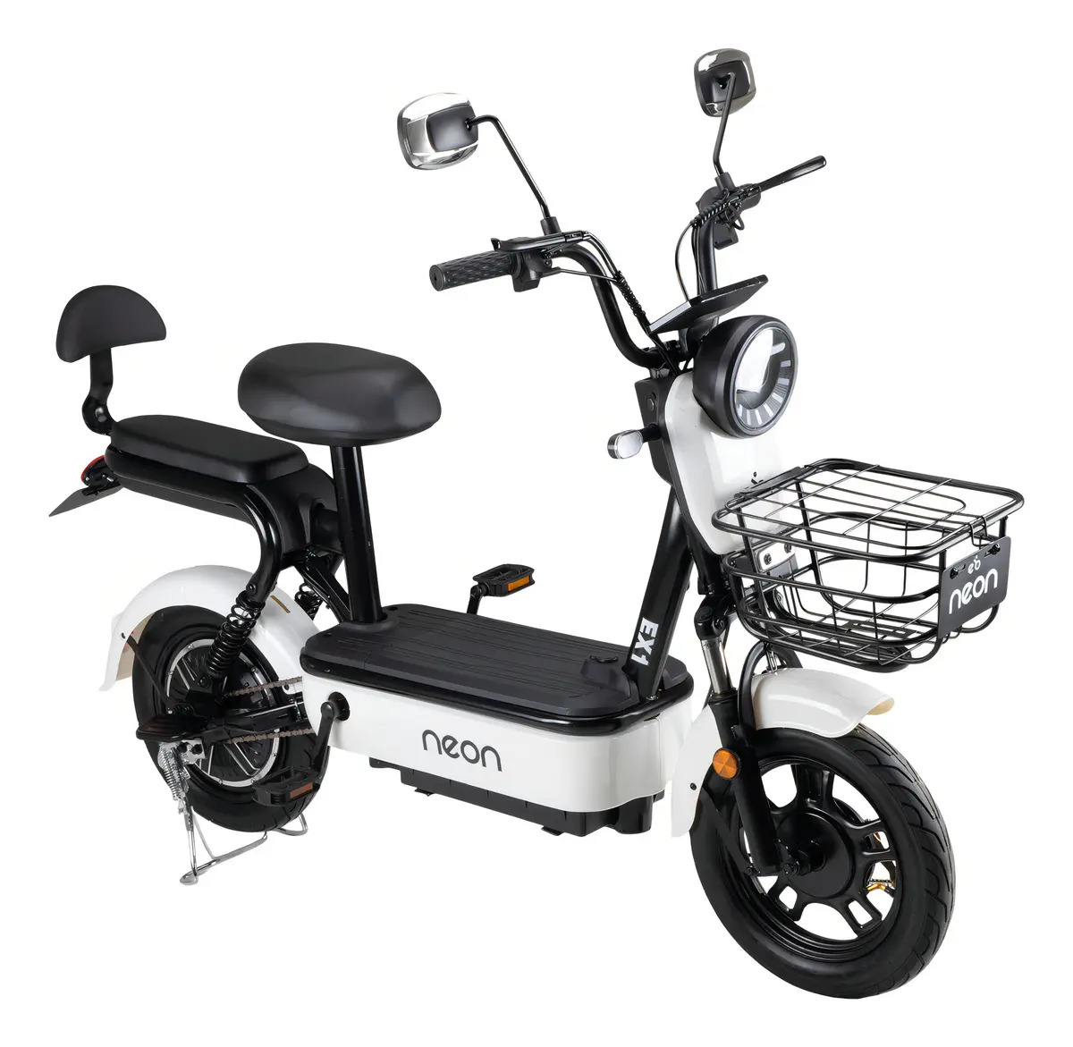 Bicicleta Eléctrica Motobici Rodada 14 Neon Motor 350W hasta 33 km/h, con Pantalla LCD, Canastilla, Luz Frontal, Intermitentes y Alarma Color Blanco con Negro