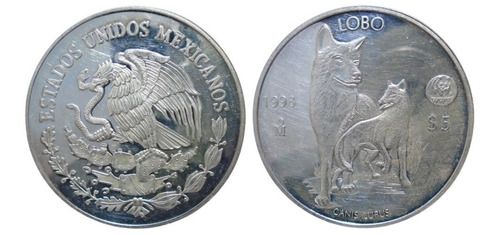 México 5 Pesos Lobo Mexicano 1998 Plata Ley 0.999 * Escasa