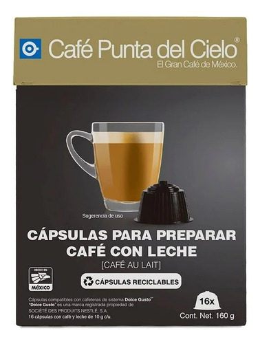 Cápsulas De Café Punta Del Cielo Café Con Leche 16 Pzas