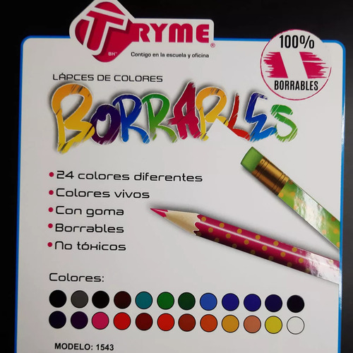 Colores Tryme Borrables 24 Lápices Ideal Para Escuela Trazo 1543