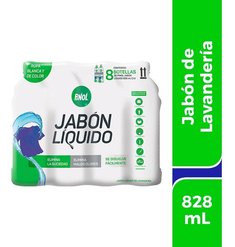 Pack X8 Jabón Líquido Pinol Ropa Blanca Y Color 828 Ml 