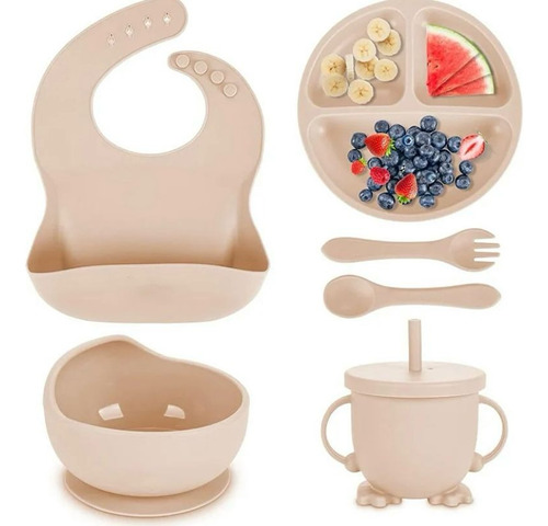 Set Plato, Babero Y Cuchara Bebe En Silicona 