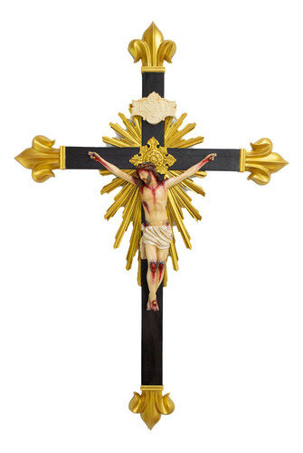 Imagem 1 de 5 de Crucifixo Madeira Imagem Resina Policromado 85cm Flor De Lis