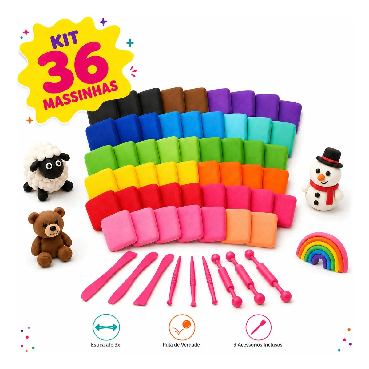 Kit 36 Massinha De Eva Pula Pula Não Gruda Na Mão Massa Modelar Infantil Com 9 Acessórios Incluso Brinquedo Para Criança Marca Lar Commex