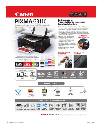 Impresora Multifunción Canon Pixma G3110 Wifi Mtz