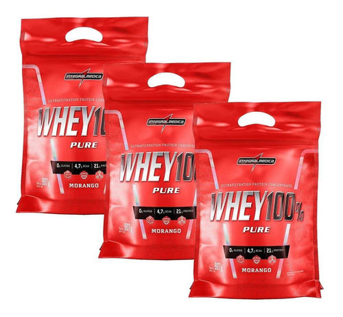 Kit 3x Whey 100% Pure - 907g Refil Morango - Integralmédica