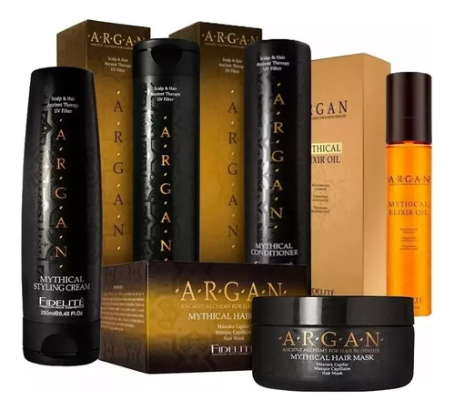 Kit Argan Shampoo Acond Brillo Mascara Crema Peinar Fidelite