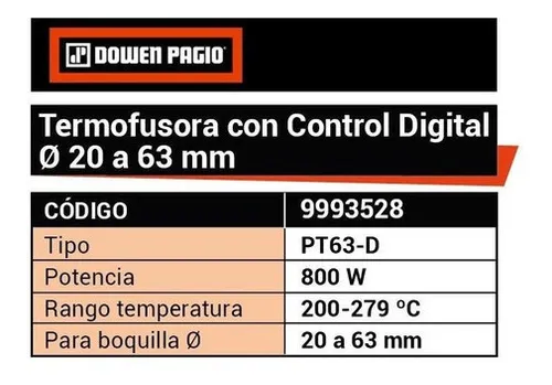 Termofusora Digital Ø 20 A 63mm 800 W Dowen Pagio 9993528