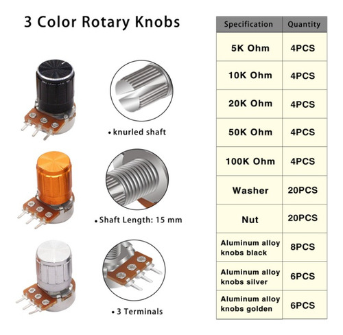 Kit Potenciómetro 5k 10k 20k 50k 100k Ohm Lineal Taper Audio