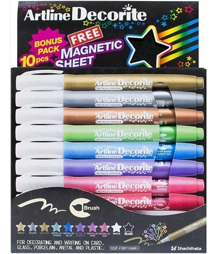 Marcador Artline Brush Metálico De 10 + Lámina Magnética