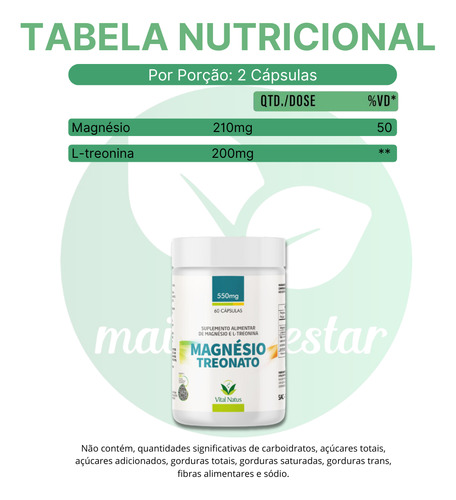 Magnésio Cerebral L-treonina 550mg - Vital Natus 60cps. Sabor Sem Sabor