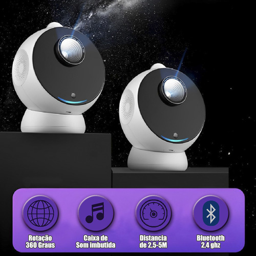 Luminária Projetor Galáxia Estrelas Cadente Lua Bluetooth Musica Recarregável Portátil 4k E20 Cúpula Preto Estrutura Branco
