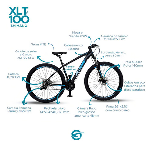 Bicicleta Ksw Xlt 100 Shimano Hunter de 21 V, color azul con marco negro y plateado, talla 19