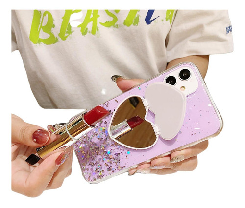 Imagen 4 de 5 de Funda Corazon Para iPhone 11 + Mica + Soporte Espejo Dama