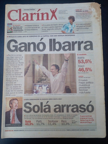 Diario Clarín 15/9/2003 Triunfo Ibarra Capital Solá E