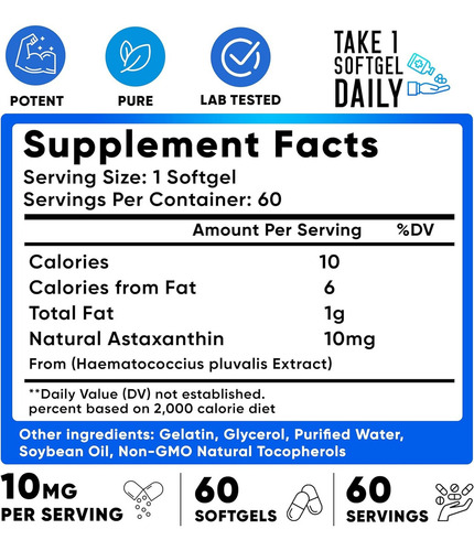 Astaxantina Organica 10mg Con 60 Softgels Hecho En Usa Sabor Sin Sabor