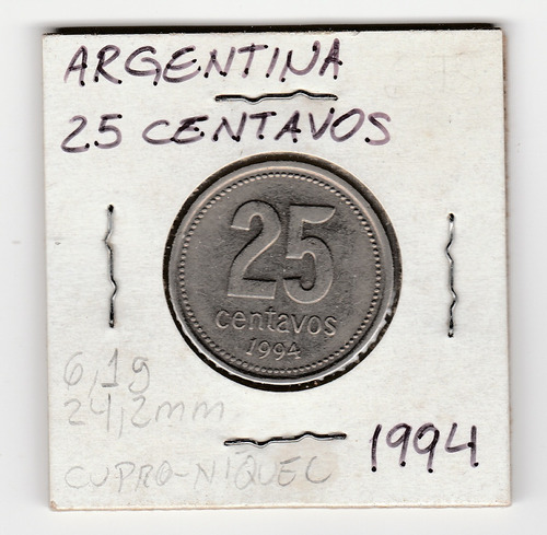 Moneda Argentina 25 Centavos 1994 Vf+