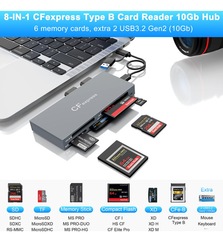 Lector De Tarjetas Cfexpress Tipo B 8 En 1 Con 2 Puertos Usb