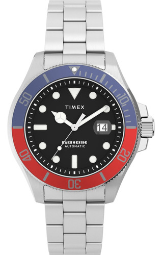 Reloj Timex Hombre Tw2v72100 Harborside Coast Automatic Color de la malla Plateado Color del bisel Azul y Rojo Color del fondo Negro