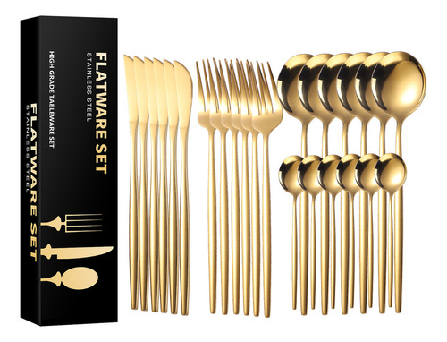 Conjunto De Talheres De Aço Luxo Inoxidável Faqueiros 24pcs Cor Dourado