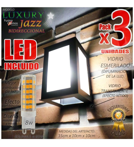 Aplique Pared Exterior Luz Farol Pack X3 Con Lampara Led 8w