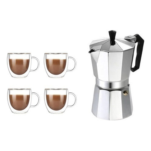 Cafetera Italiana Acero 9 Pocillos + 4 Tazas Doble Vidrio