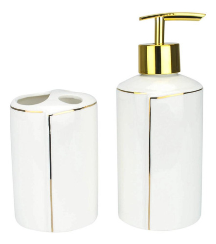 Kit Banheiro Dispenser Porta Escova Branco Fio Ouro Wincy