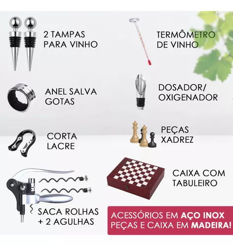 Kit Saca Rolha Abridor de Vinho Profissional e Acessórios Premium +  Tabuleiro e Peças Xadrez - Estojo