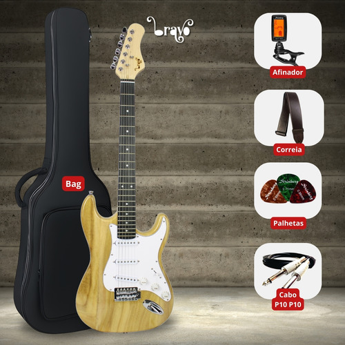 Kit Guitarra Stratocaster Iniciante Estudante Acessórios Cor Natural Orientação Da Mão Destro Bravo Beg100