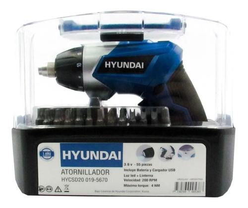 Kit Atornillador Inalambrico 3.6v + 55 Pcs Linterna Hyundai