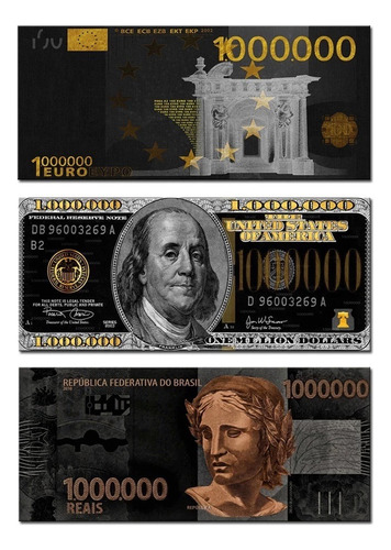 Quadro De 1 Milhão De Reais, Euro E Dólares Kit Com 3 Dourado Preto