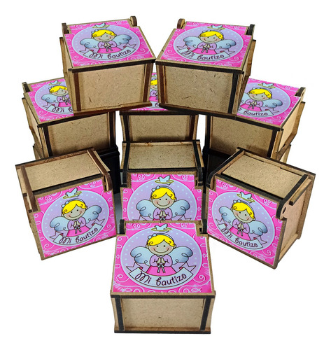 12 Pz Cajitas Mdf Recuerdos Bolos Bautizo Niña Rosa