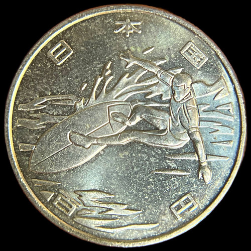 Japon, 100 Yen, 2019. Olimpiadas, Surf. Sin Circular