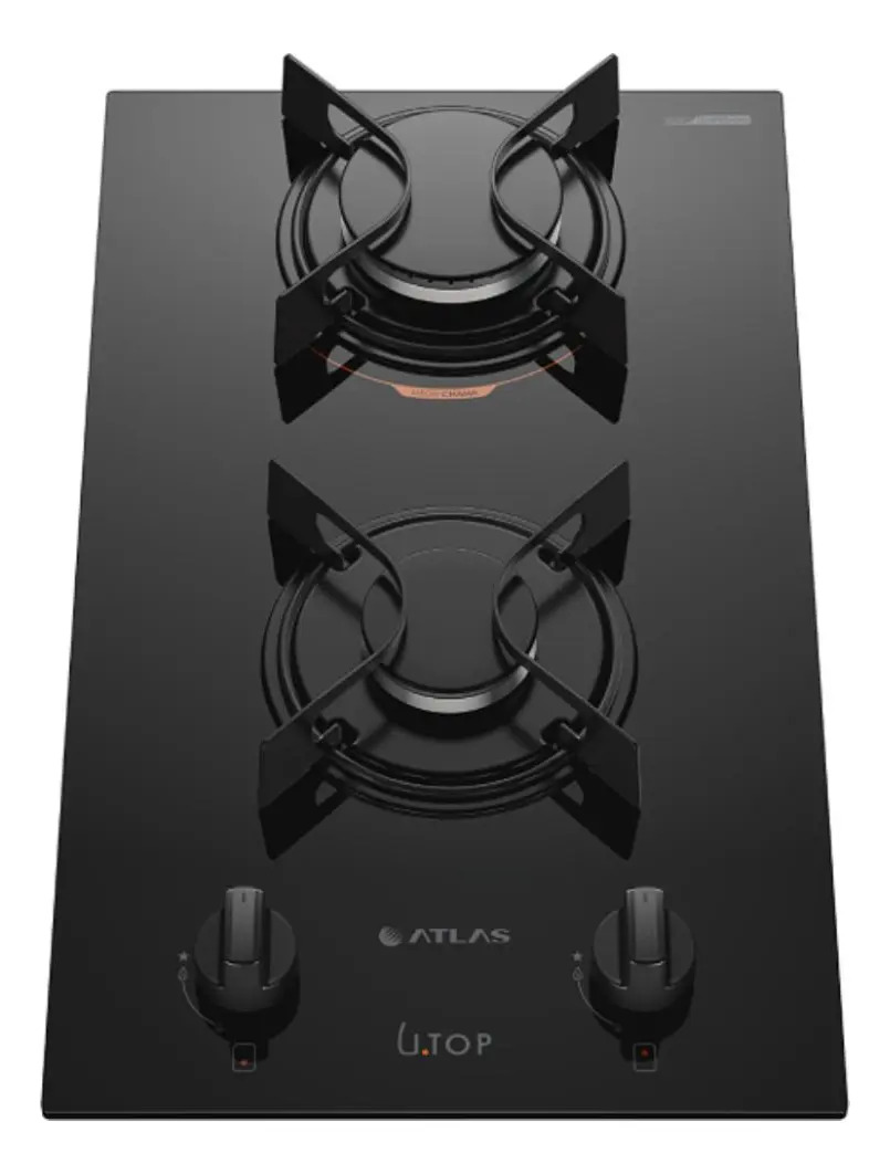 Cooktop 2 Bocas Atlas U Top com Mesa de Vidro a Gás Preto Bivolt