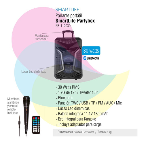 Parlante Smartlife Portátil Partybox 1 Vía 12 30w Pb-112030