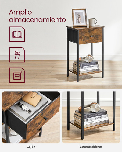 Vasagle Mesita De Noche, Mesa Auxiliar Con Cajón De Tela Color Marrón Rústico Negro