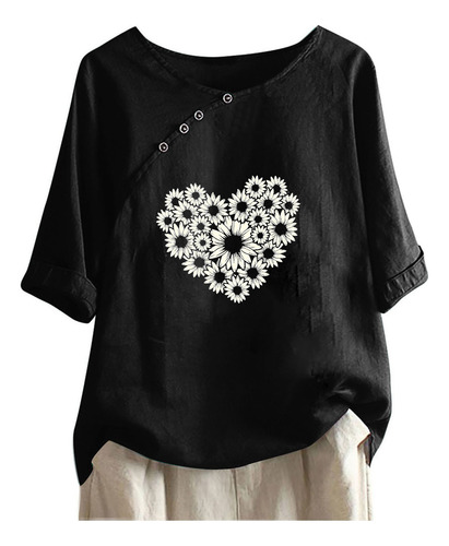 Top Casual De Manga Corta Con Botones Y Cuello Redondo Para