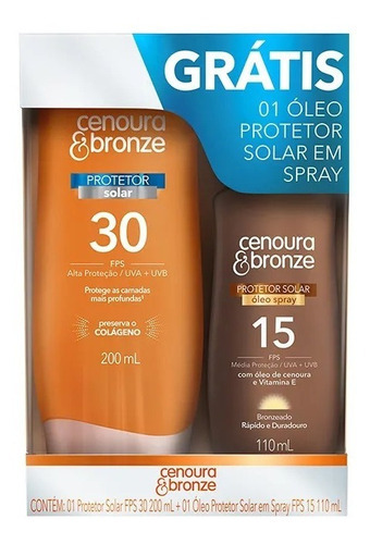 Kit Protetor Solar Cenoura & Bronze Fps 30 200ml +óleo Fps15