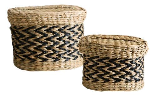 Cesto Con Tapa Circular De Seagrass Fibras Natural Set X2 Seagrass Negro
