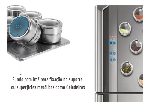 Potes De Tempero Magnéticos Em Aço Inox Com Base Kit 6