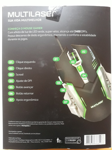 Mouse Gamer Multilaser 2400 Dpi Mo269
