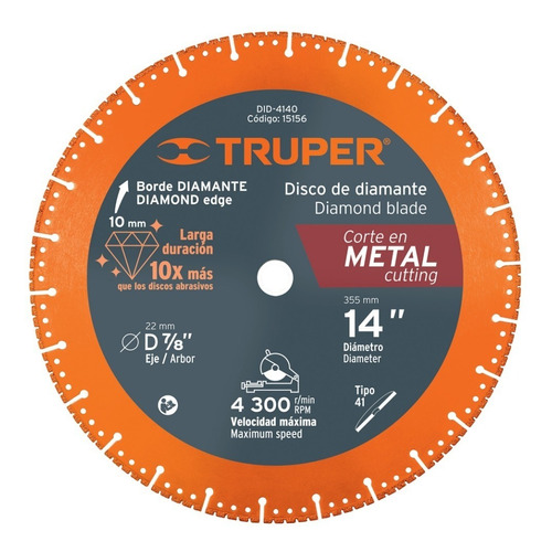 Disco Diamante Corte Metal 14'' X 7/8'' 4300rpm Truper 15156