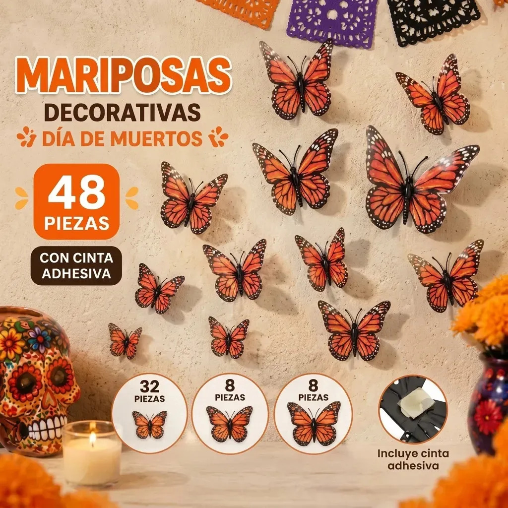 48pzs Decoraciones De Mariposa Monarca Para Halloween Y Día De Muertos Decoración Día De Los Muertos Mariposas 3d Perfecto,decoración De Pared Halloween Para Hogares, Escuelas, Res