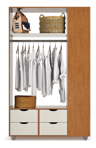 Guarda Roupa Closet De Solteiro Com 4 Gavetas E Nichos Roupeiro Com Cabideiro Para Quarto Cor Nature Off White
