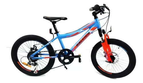 Mountain bike infantil Raleigh Rowdy R20 14" 7v frenos v-brakes cambio Shimano Tourney TZ400 color azul/naranja/negro con pie de apoyo  