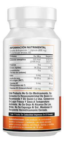 Vitamina D3 + Vitamina K2 + Mct Oil | 60 Capsulas De 500 Mg Sabor Sin Sabor